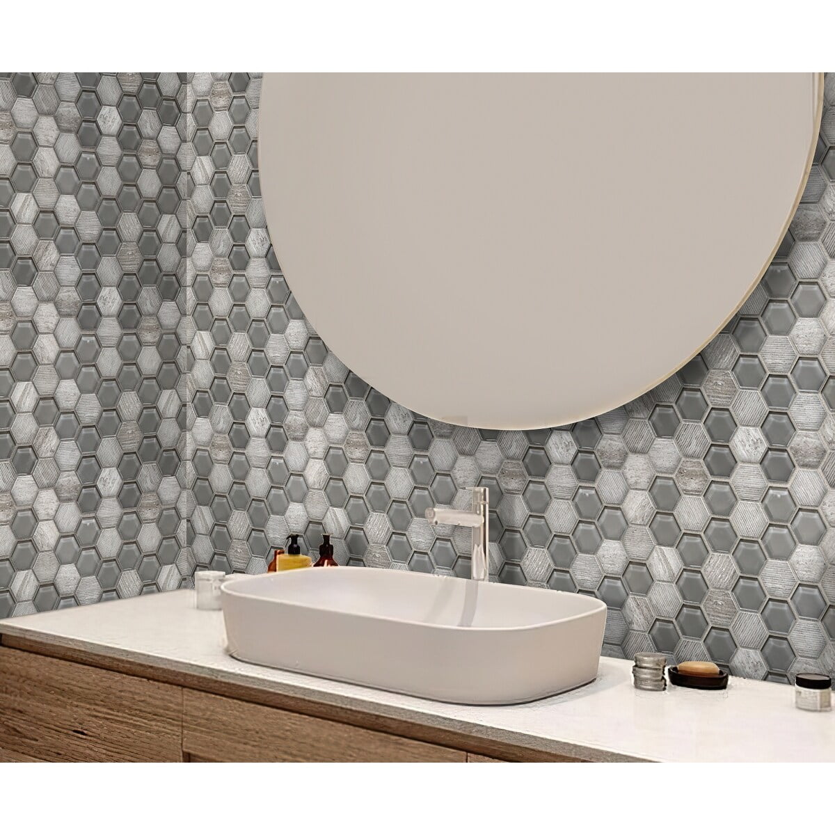 Gray Hexagon Glass and Marble Mosaic Tile for Walls and Floors