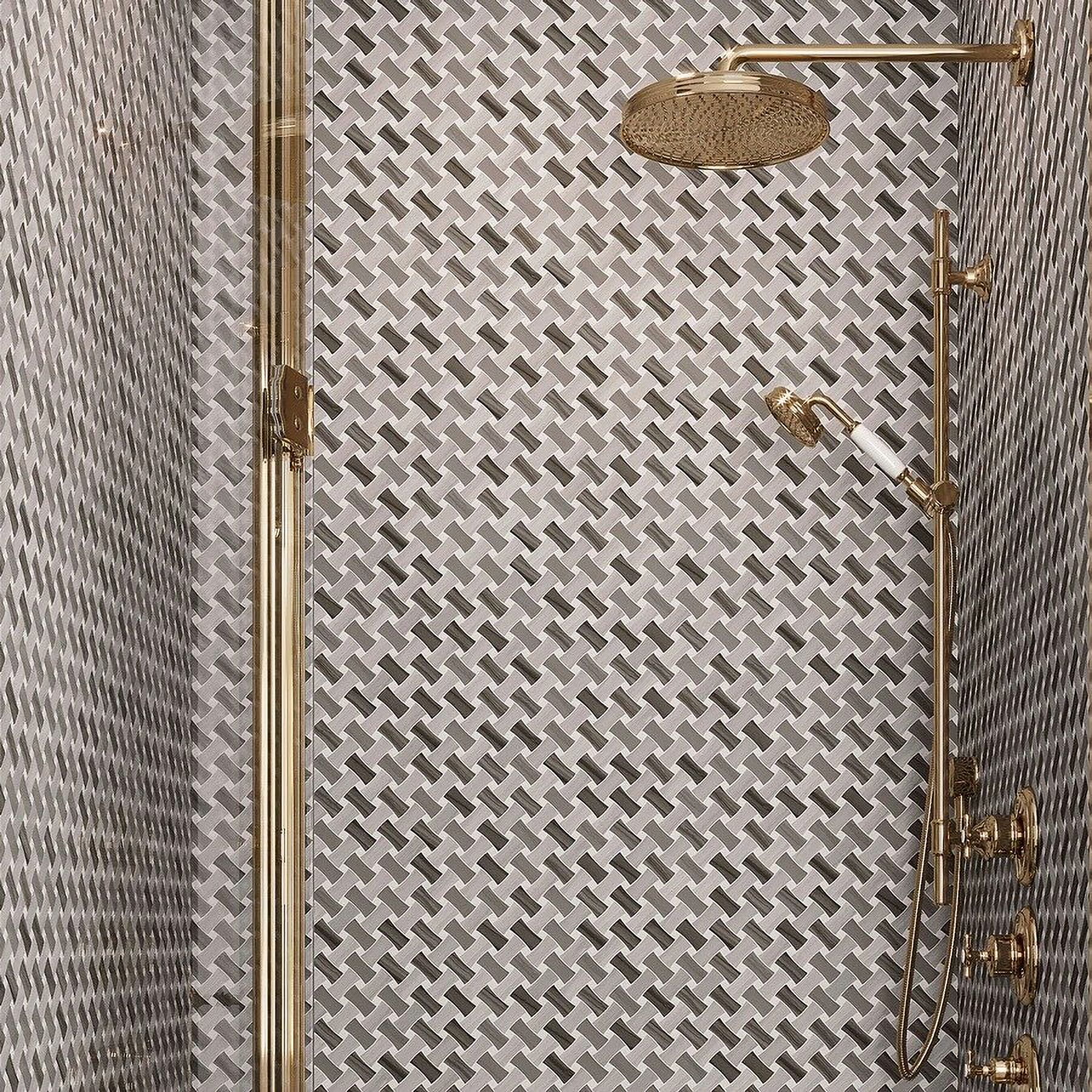Gray Beige Polished Marble Basket Weave Mosaic Tile