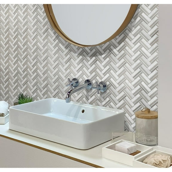 Apollo Tile   5 pack Beige and White 11.3-in. x 12-in. Herringbone Polished Marble Mosaic Tile (4.71 Sq ft/case)