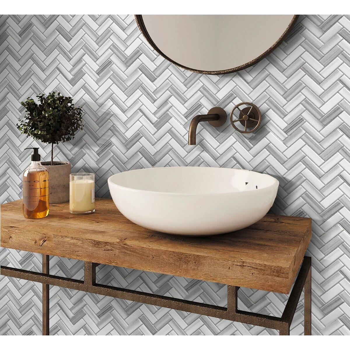 Gray Herringbone Polished Marble Mosaic Tile 12.8 x 11.9 in