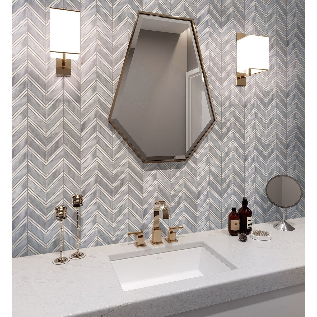 Gray and White Chevron Polished Marble Mosaic Tile