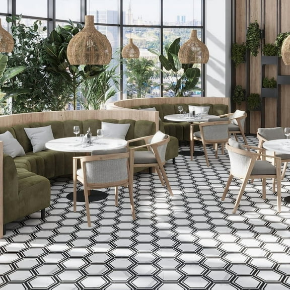Apollo Tile Aureole 8.66 in. x 9.84 in. Matte White and Black Porcelain Hexagon Wall and Floor Tile (8.07 sq ft/case) - 18 Sheets