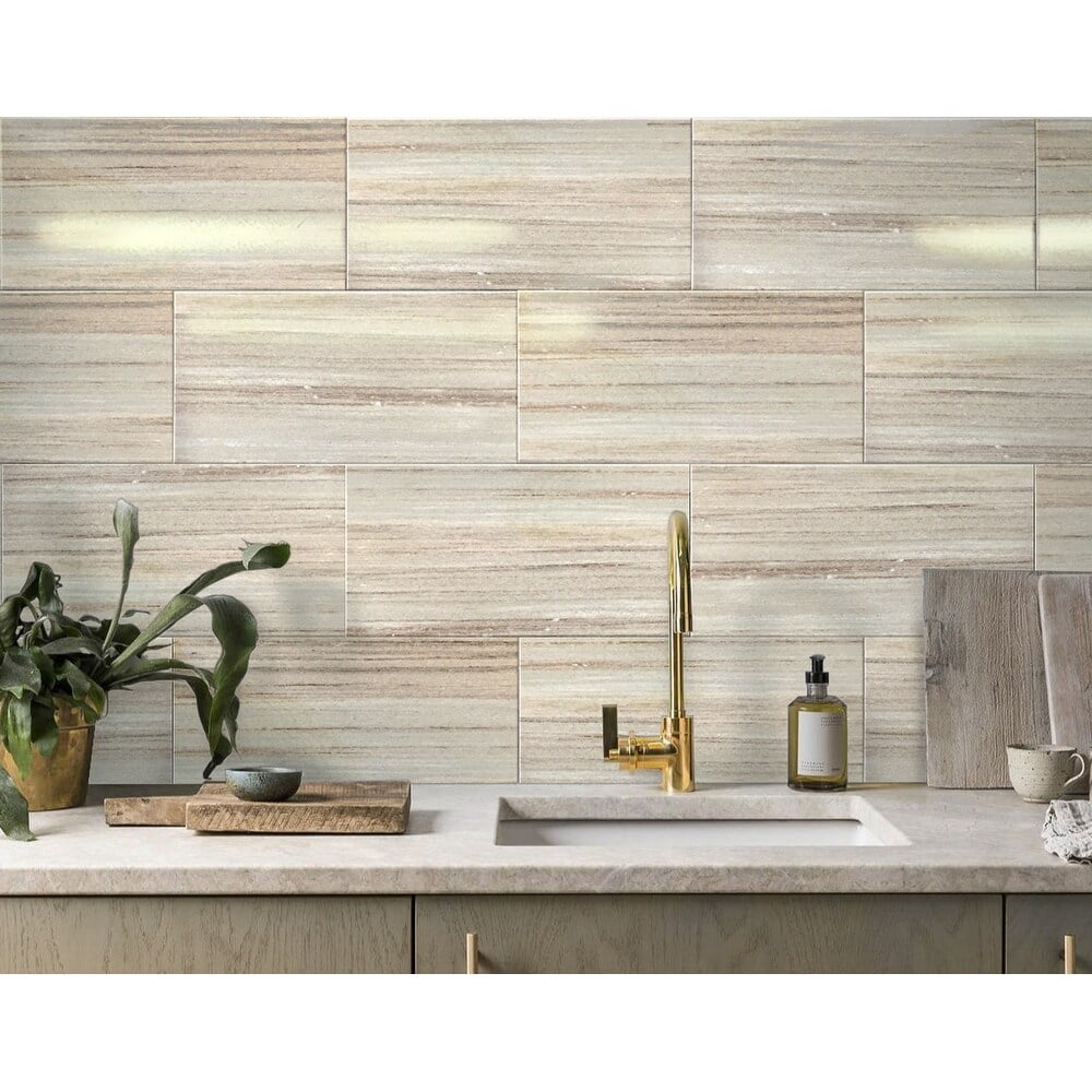 Beige 12" x 24" Polished Marble Look Wall & Floor Tile