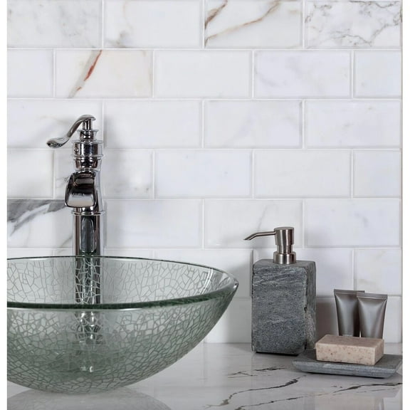 Apollo Tile White 3-in. x 6-in. Beveled Polished Marble Subway Tile (5 Sq ft/case)