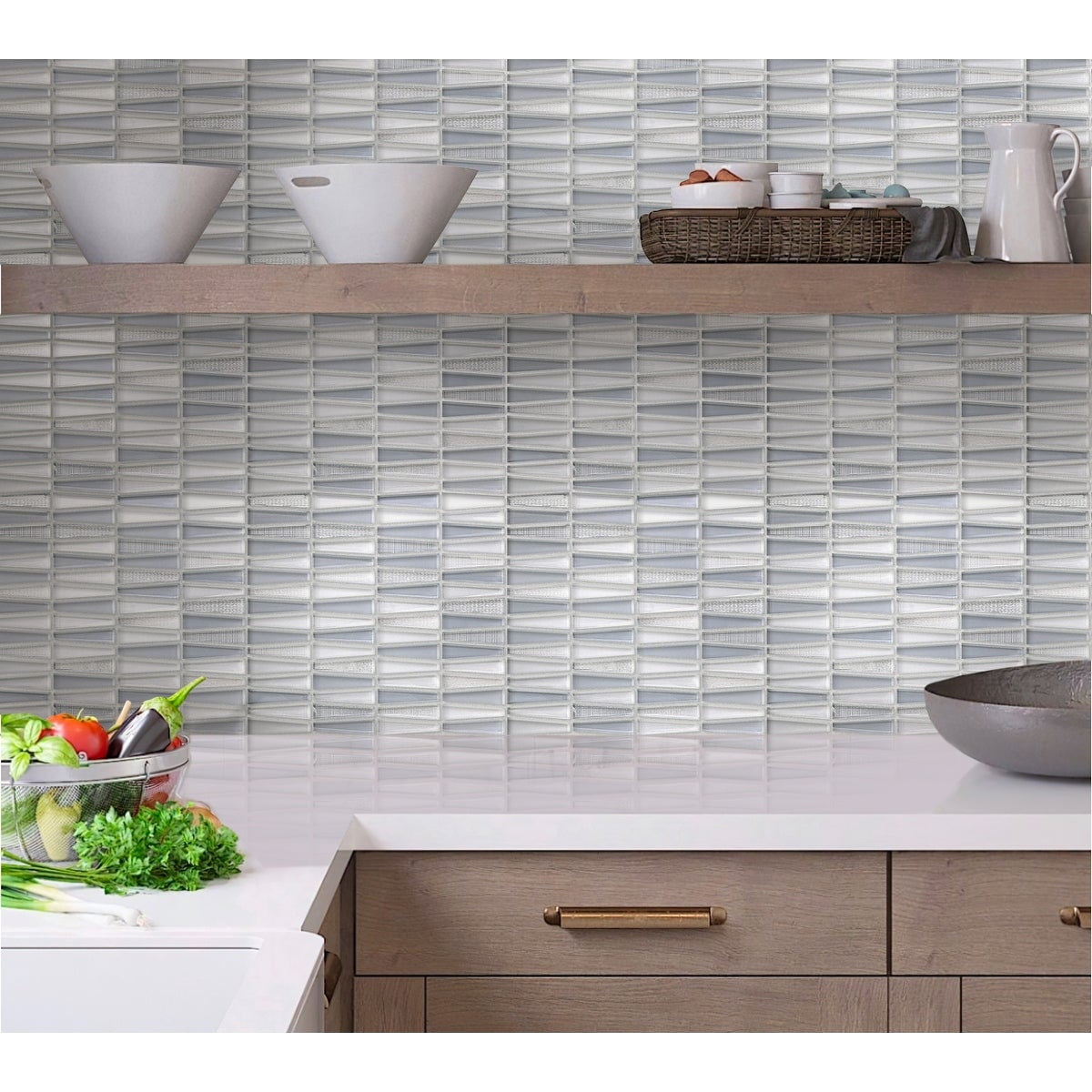 White and Blue Glass Trapezoid Mosaic Wall Tile