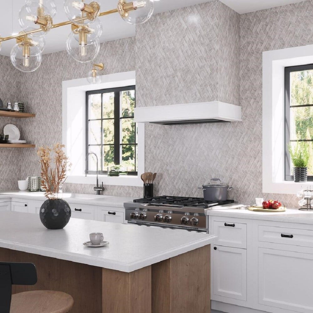 Wooden Beige and Gray Diamond Polished Marble Mosaic Tile