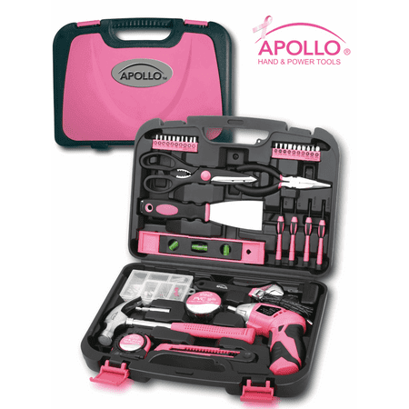 Apollo Tools 135 Piece Household Tool Kit Pink with Pivoting Dual-Angle 3.6 Volt Lithium-Ion Cordless Screwdriver - DT0773N1