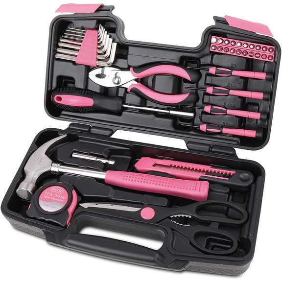 Apollo Tools Original 39 Piece General Household Tool Set in Toolbox Storage Case with Essential Hand Tools for Everyday Home Repairs, DIY and Crafts - Pink Ribbon - Pink - DT9706P