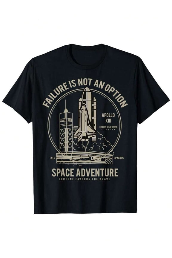 Apollo XI Rocket Launch Graphic T Shirt Space Adventure For The Brave Black Cotton Short Sleeve Tee With Inspirational Text Multiple Sizes Available