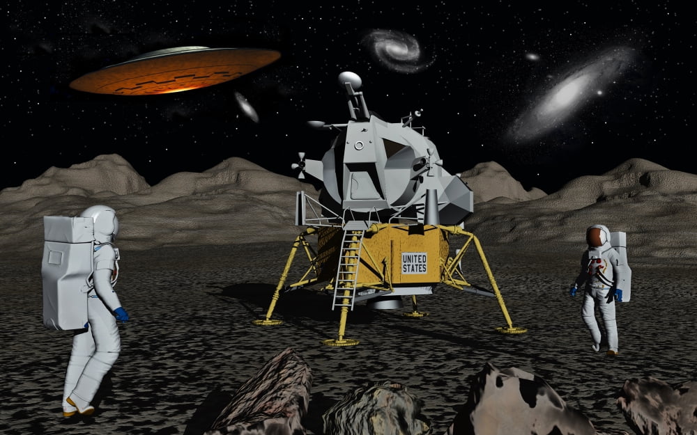 Apollo astronauts coming into contact with an alien UFO while on the moon Canvas Art - Mark StevensonStocktrek Images (18 x 12)