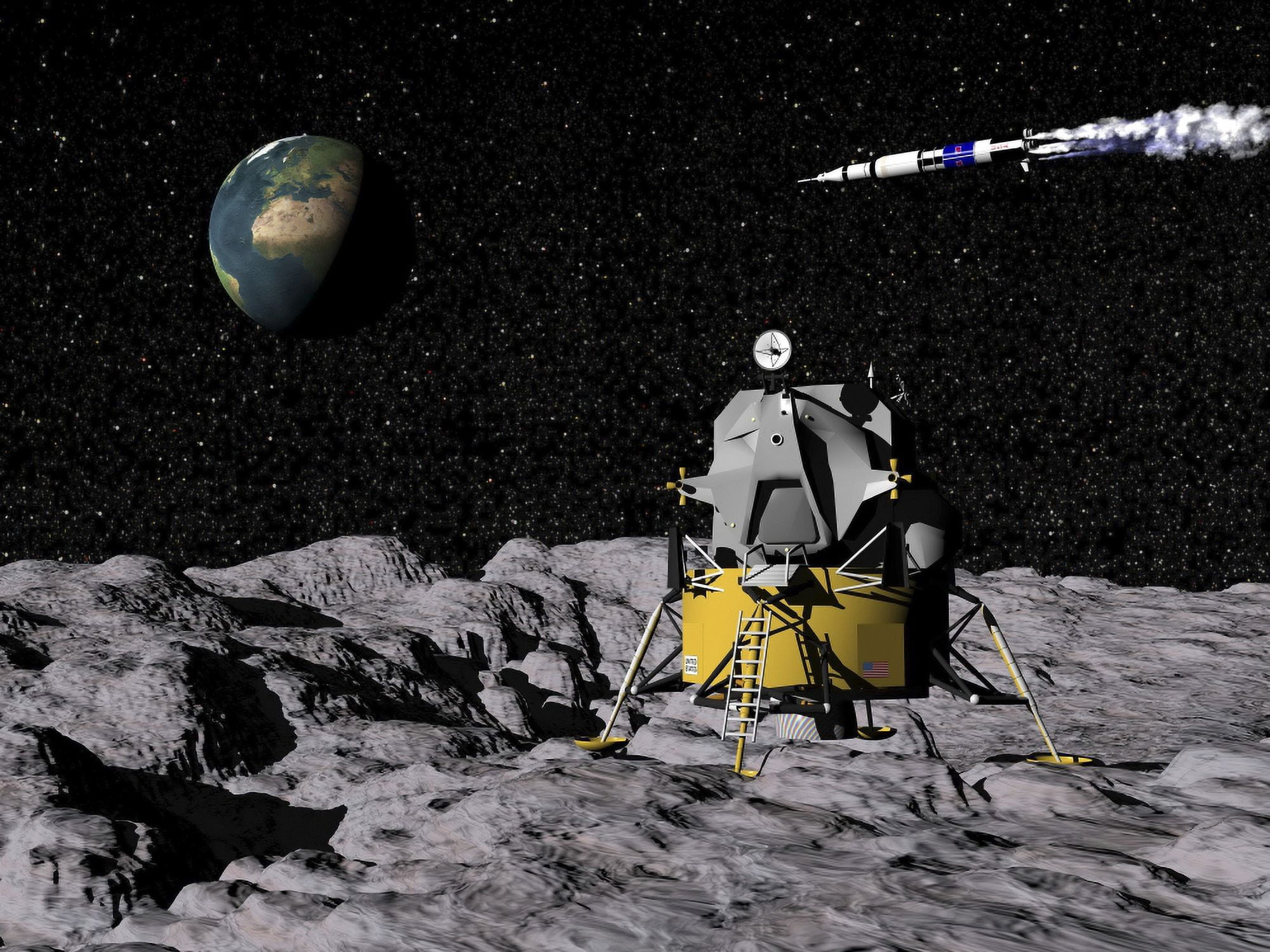 Apollo on surface of moon with Saturn V rocket in the background Canvas Art - Elena DuvernayStocktrek Images (17 x 13)