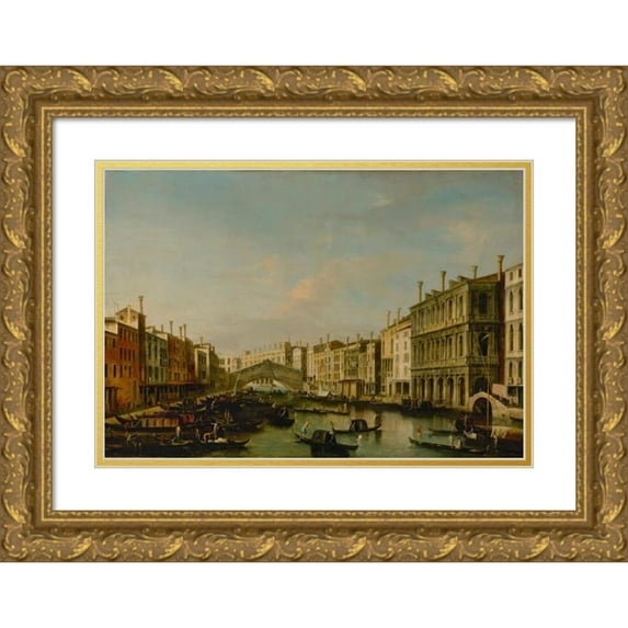 Apollonio Facchinetti 14x11 Gold Ornate Wood Frame and Double Matted Museum Art Print Titled - Venice, a View of the Grand Canal Towards the Rialto Bridge