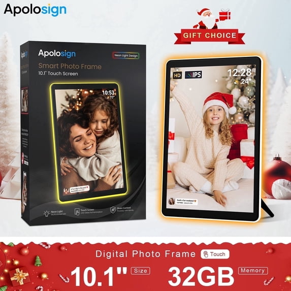 ApoloSign 10.1" Frameo Digital Picture Frame, Wifi Neon Light Digital Photo Frame, 1280 * 800 HD IPS Touch Screen Smart Photo Frame, Auto-Rotate, Share Picture Video, 2025 New Year Gift, For Mom