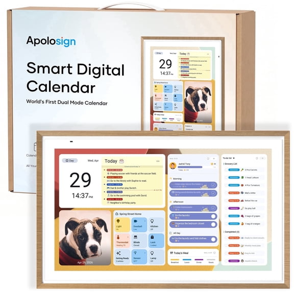 ApoloSign 15.6 inch Digital Calendar, Dual-Mode Smart Wall Calendar & Interactive Electronic Touchscreen Chore Chart & Meal Planner for Family Schedules, Sync Calendars, Wall Mount Included (Teak)