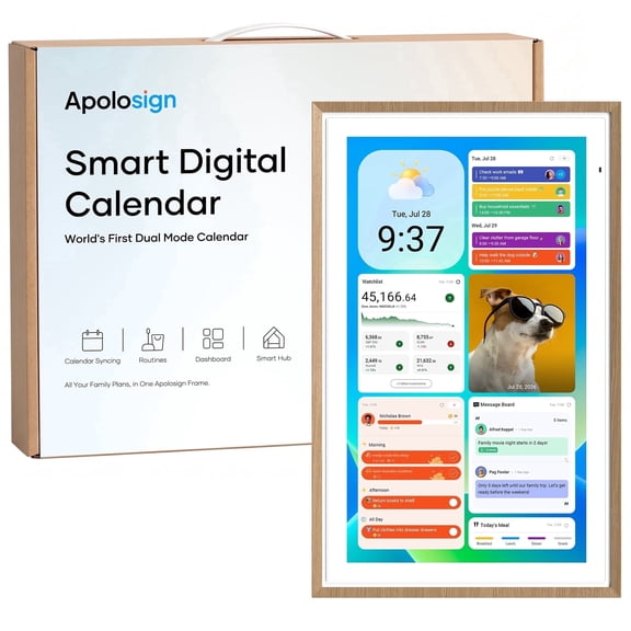 ApoloSign 21.5 inch Digital Calendar, Dual-Mode Smart Wall Calendar & Interactive Electronic Touchscreen Chore Chart & Meal Planner for Family Schedules, Sync Calendars, Wall Mount Included (Teak)