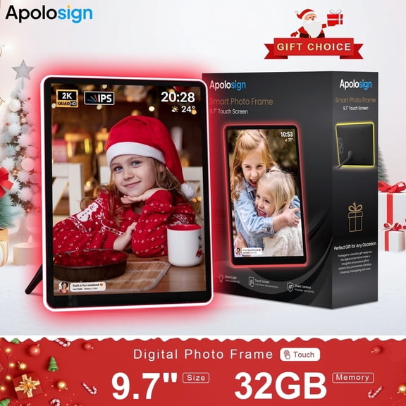 ApoloSign Digital Photo Frame, 9.7 Inch Neon Light Digital Picture Frame, 2048*1536 IPS Touch Screen Frameo Wifi Digital Picture Frame, Automatic Rotation, AI Color-Changing, 32GB, New Year Gift