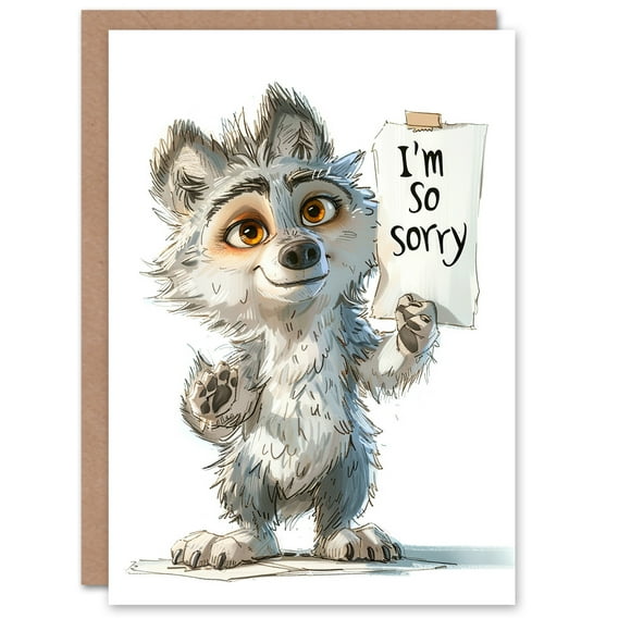 Apology Card Cute Cheeky Wolf Pup Holding Sorry Sign Cartoon Blank Arty Art All Occasion Greeting Card