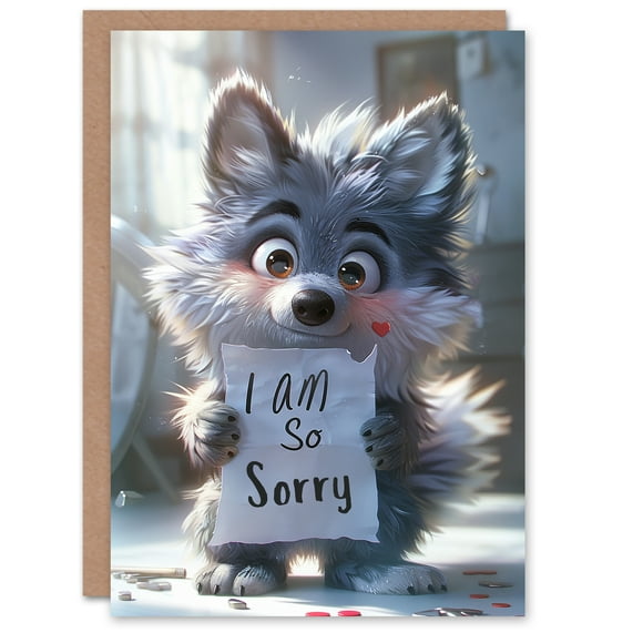 Apology Card Cute Wolf Puppy Holding So Sorry Sign Cartoon Blank Arty Art All Occasion Greeting Card