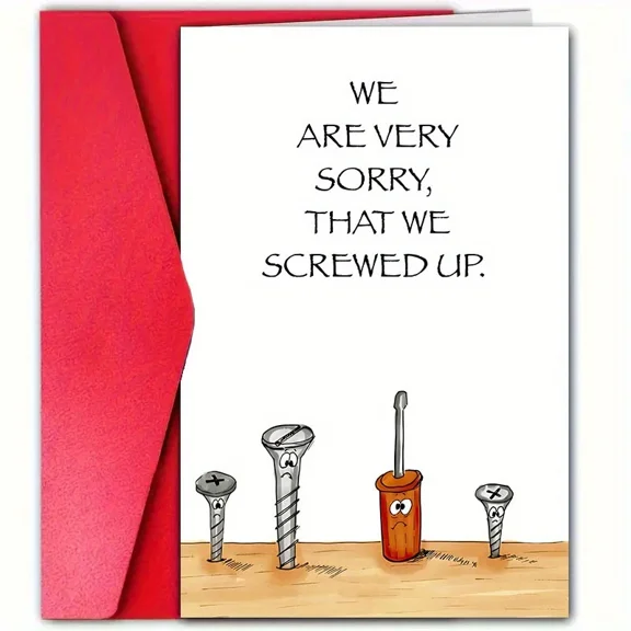 Apology Card "We Are Very Sorry, That We Screwed Up" Funny Humor Design Includes Envelope, Blank Inside Perfect for Sincere Apologies and Mending Relationships