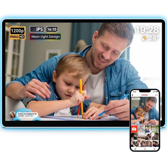 Apolosign 14" 2K Neon Light Digital Picture Frame, WiFi Smart Photo Frame with 1920 x 1200 IPS Touchscreen and AI Color-Changing LED Strip, Quick Share via Frameo App, Gift for Family & Friends