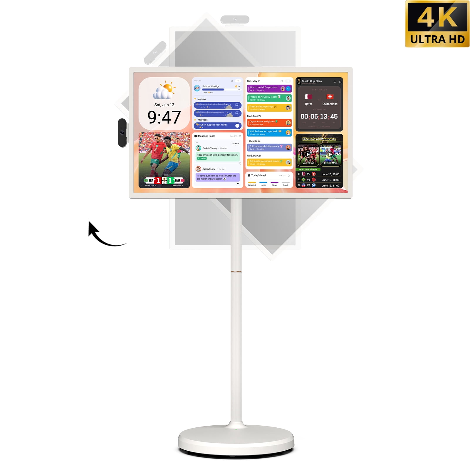 ApoloSign 32" 4K UHD Smart Portable TV with Android 16, 2nd Gen Moveable Touchscreen Monitor on Wheels, 256GB Storage, Built-in 15000mAh Battery, 8MP Camera, Smart Screen for Home & Kitchen