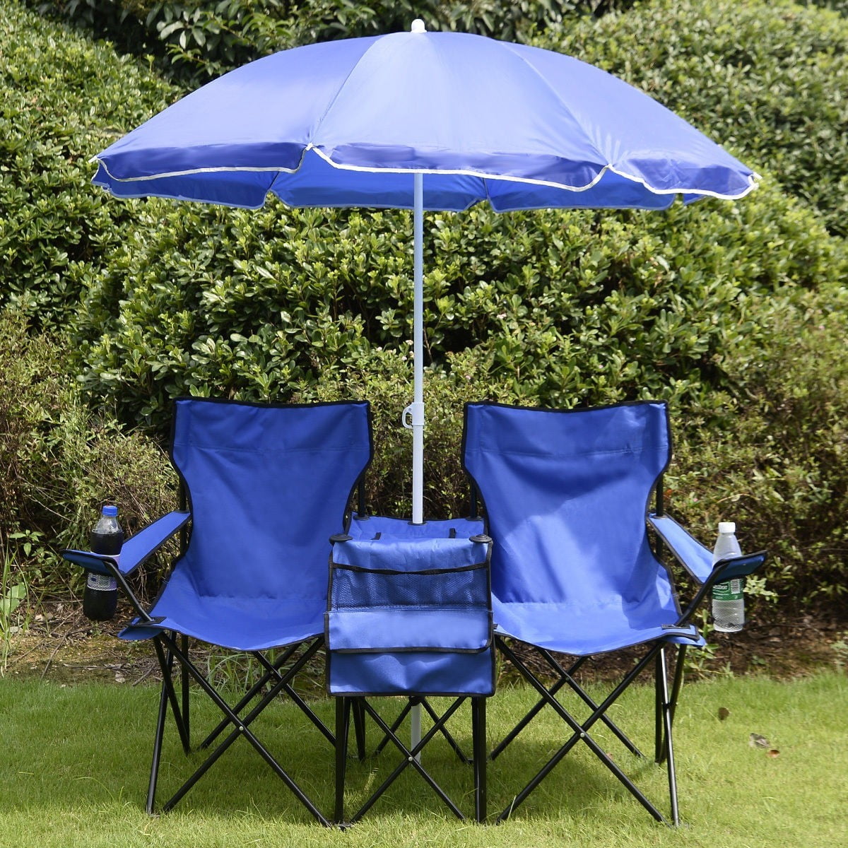 Blue Double Folding Camping Chairs with Umbrella and Cooler