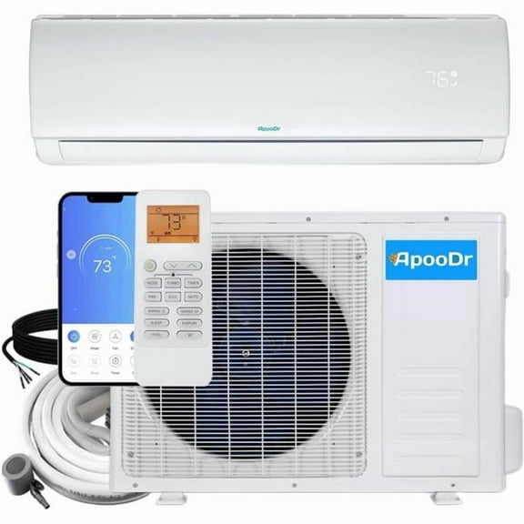 ApooDr AES19-12H220V1B ApooDr 12,000 BTU 19 SEER2, 230-Volt, 600-Sq.Ft Ductless Mini Split AC with Heat Pump, Wi-Fi, 16Ft. Lineset