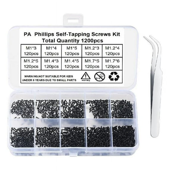 Apooke 1200Pcs Small Screws Flat Head Cross Mini Self Tapping Screw Tiny Cabinet Electronic Screws for DIY Micro Woodworking