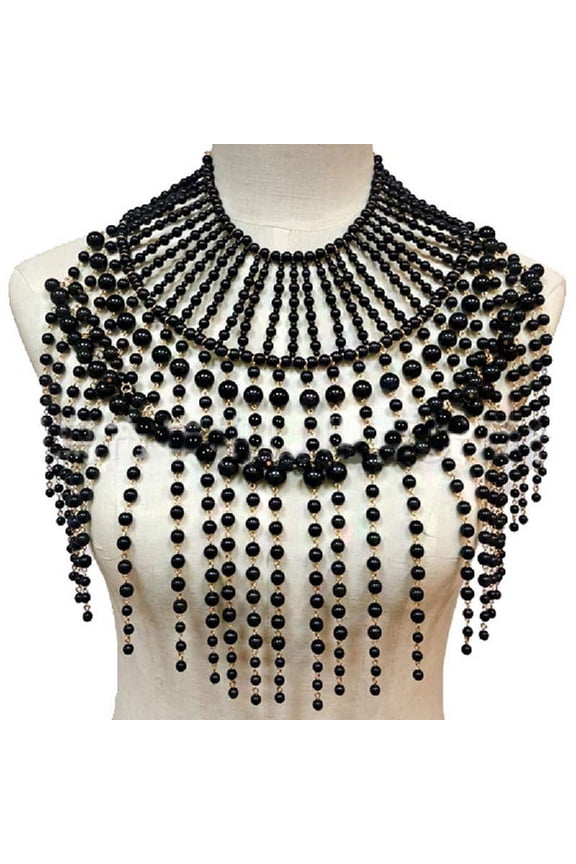Exaggerated Layered Jewelry Shoulder Body Chain Harness Pearl Beaded Fringed Tassel Bib Choker Necklace Fake Collar