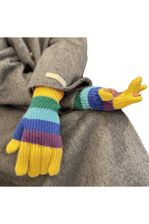 Rainbow Color Striped Knitted Gloves Winter Full Finger Mitten Thicken Warm Christmas Harajuku Gloves for Girlfriend