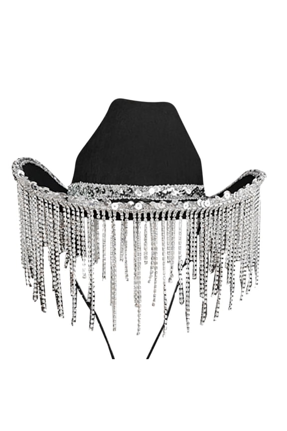 Rhinestones Cowgirl Hats Glitter Cow Girl Hat with Sequins Rhinestones Fringe Size Cowboy Hat for Party 3 Color