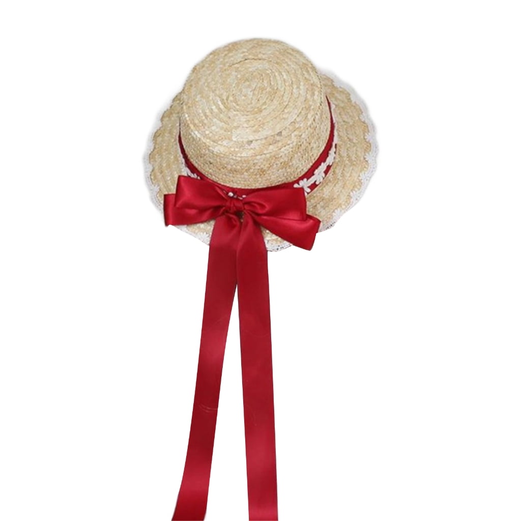 Apooke Ribbon Straw Hat Wide Brim Straw Boater Hat Women Bows Straw Hat ...