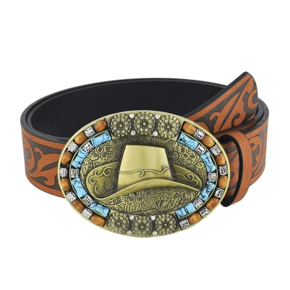 Apooke Teenagers PU Waist Belt with Relief Cowboy Hat Buckle Adjustable Belt Coat Jeans Female Male Western Style Waistband