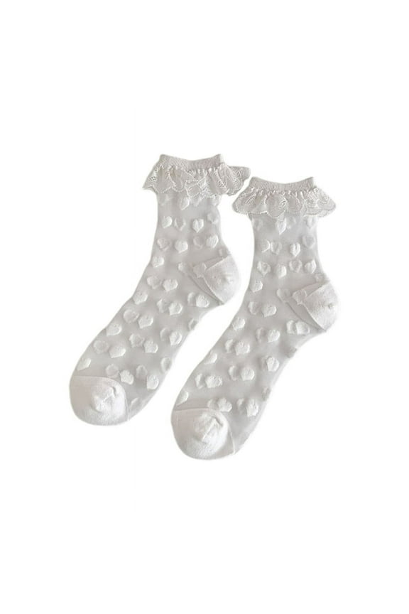 Women Crew Socks Japanese Lolitas Lace Ruffle Frilly Socks Cute Princess Ankle Dress Socks Crystal Glass Silk Sheer Sock
