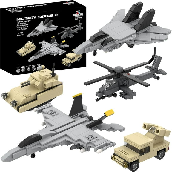 Apostrophe Games 5 Military Building Block Sets (728 Pieces) F/A-18 Hornet, F-14 Tomcat Fighter Jet, AH-64 Apache Helicopter, M2 Bradley Tank, and Humvee Avenger