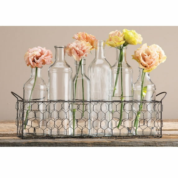 Apothecary Bottle Flower Vases And Wire Basket - Set Of Six