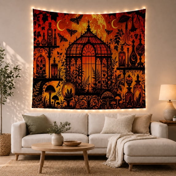 Apothecary Greenhouse Entirely with Silhouettes Fiery Gradient, Spooky Gothic for Gothic Decor Fans, Wall Decor, Halloween Gift, Tapestry Wall Hanging for Dorm and Living Room