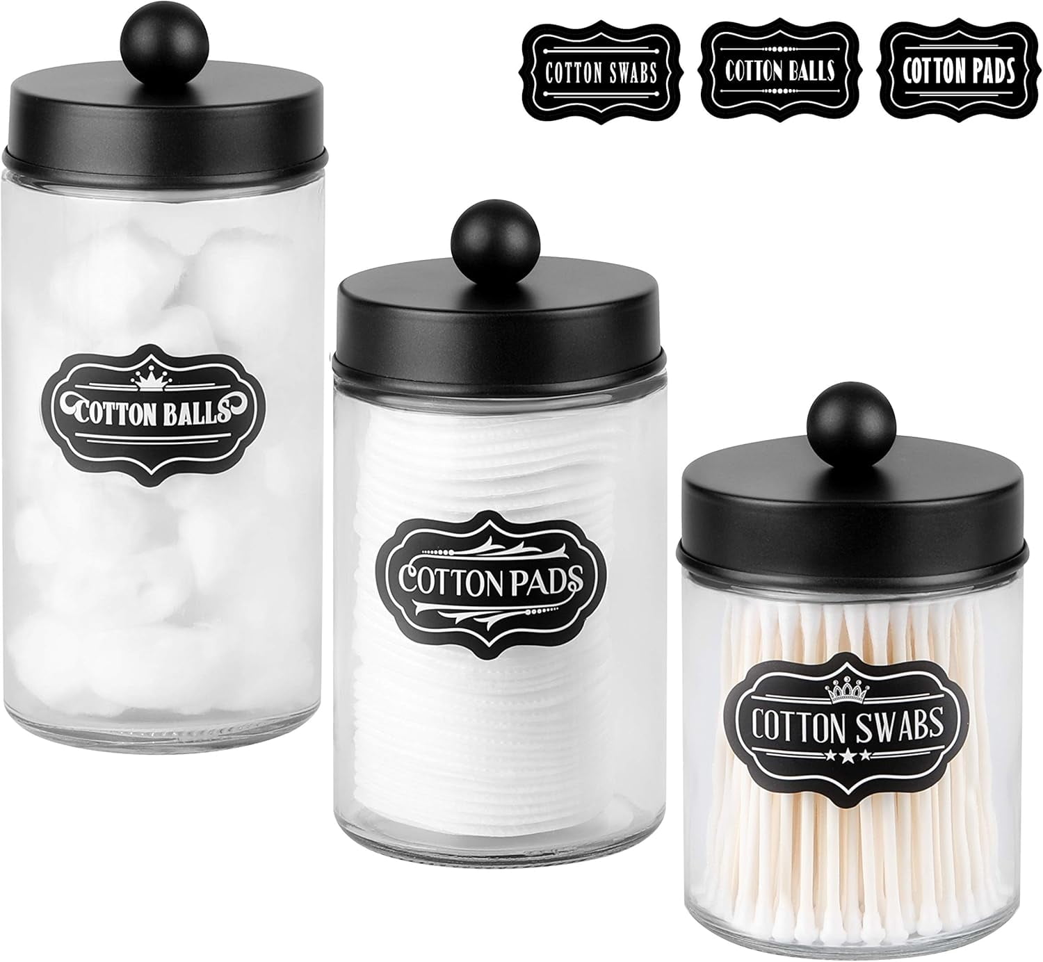 Apothecary Jars 3 Pack - Glass Bathroom Containers with Stainless Steel Lids - Rustic Farmhouse Decor Bathroom Accessories, Vanity Organizer Apothecary Jars for Qtip/Cotton Balls (Matte Black)