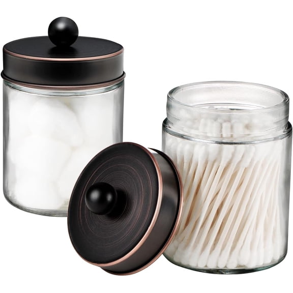 Apothecary Jars Bathroom Storage Organizer - Cute Qtip Dispenser Vanity Canister Glass with Lid for Cotton Swabs,Rounds,Bath Salts,Makeup Sponges,Hair Accessories/Oil Rubbed Bronze2 Pack