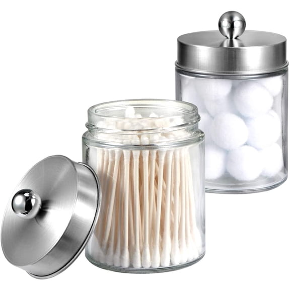 Apothecary Jars Bathroom Vanity Organizer -Countertop Canister Jar with Storage Lid - Qtip Dispenser Holder Glass for Qtips,Cotton Swabs,Makeup Sponges,Hair Band - Brushed Nickel (2 Pack)