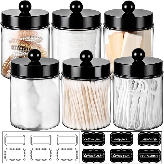 Apothecary Jars Bathroom Vanity Storage Organizer Set -Countertop Canister Plastic Acrylic Jar - Farmhouse Decor Qtip Holder for Cotton Swabs,Makeup Sponges,Flossers,Paper Clips-Black (6)