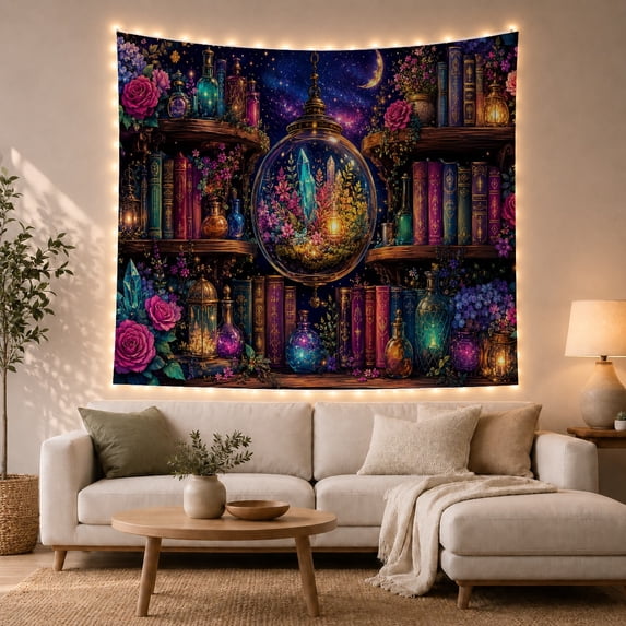 Apothecary Library Dark With Art Scene, Mystical Fantasy for Space Lovers, Galaxy Room Decor Room Accent, Valentine's Day Gift, Tapestry Wall Hanging for Bedroom and Dorm