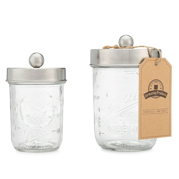 Apothecary Lid Storage Set with Ball Mason Jars - Farmhouse Home Decor for Vanity Organization - Luxury Bathroom, Kitchen and Office Accessories - Stainless Steel - Two Pack
