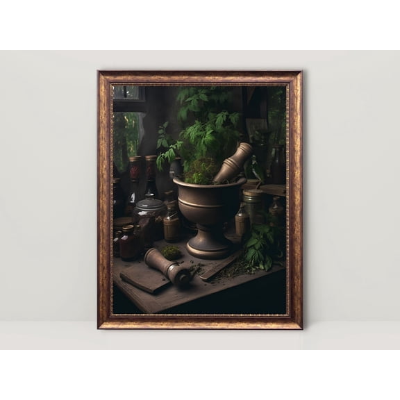 Apothecary Mortar & Pestle, Dark Academia Aesthetic, Kitchen Wall Art, Antique, Goth Cottagecore Room Decor, Witchy Art 16, Unframed Poster Size 8x12