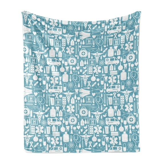 Apothecary Soft Flannel Fleece Throw Blanket, Occupation Themed Pastel Toned Illustration Equipment and Tools, Cozy Plush for Indoor and Outdoor Use, 50" x 70", White Blue, by Ambesonne