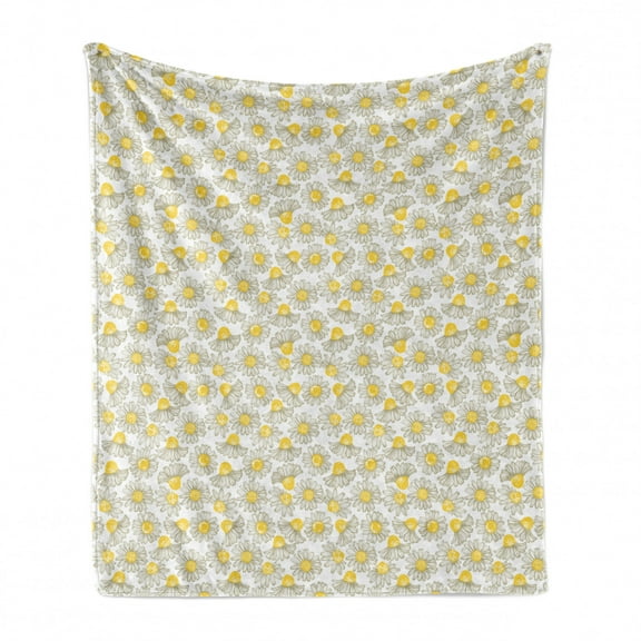 Apothecary Soft Flannel Fleece Throw Blanket, Spring Chamomile Petals Bloom Seasonal Field Daisy Bouquet Pattern, Cozy Plush for Indoor and Outdoor Use, 60" x 80", Yellow and Sage Green, by Ambesonne