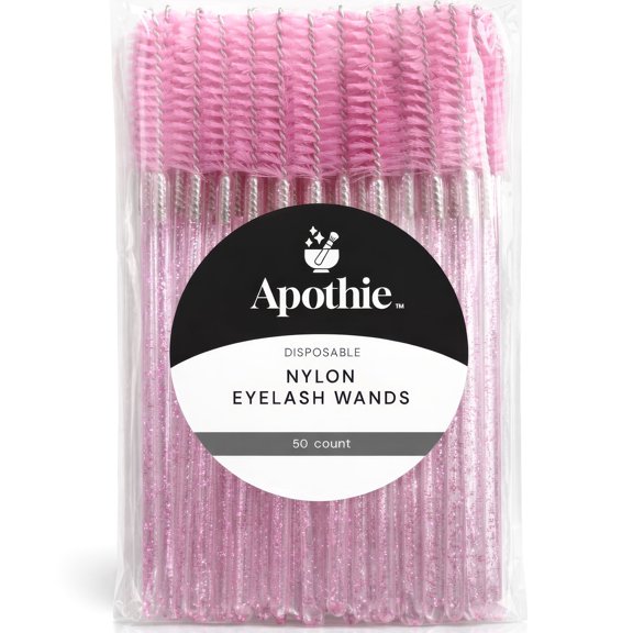 Apothie 50 Pieces Nylon Traditional Disposable Mascara Eyelash Wands Pink Crystal- Eyebrow & Lash Extension Spoolie Brushes, Comb Separator, Microblading Tool, Applicator