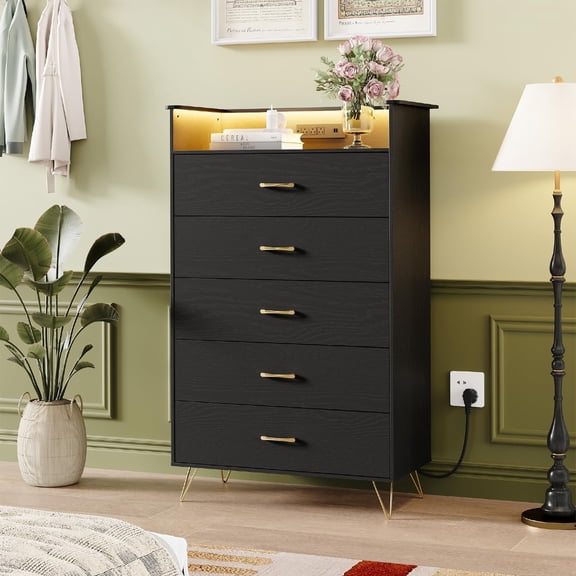 App Controlled LED Dresser with Charging Station & Music Sync, Tall 5-Drawer Storage Cabinet for Bedroom, Living Room