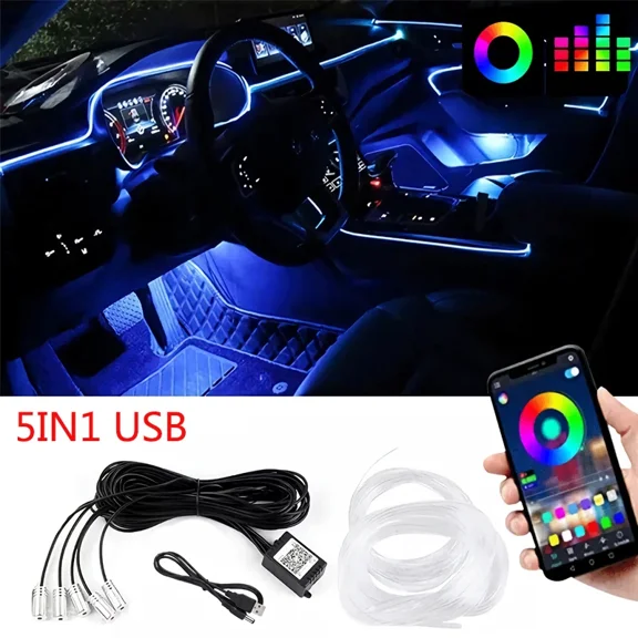 App Controlled RGB Flexible EL Neon Wire Lights, 12V Multi-Color LED Atmosphere Strip Lighting, Cuttable Bendable Interior Neon Decor Lamp, Waterproof Ambient LED Strip Light for Car Cabin, Home Bedr