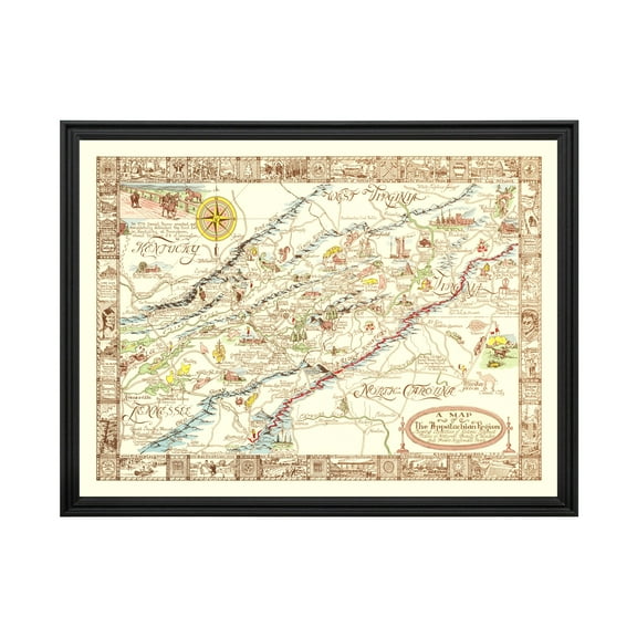 Appalachia Art, 1950 Vintage Map of Appalachia History Wall Decor Gift, Old Appalachia Map - 24" x 18" Black Framed Print